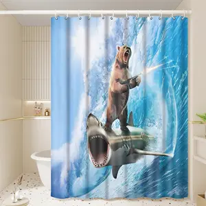 1pc Epic Bear Riding Shark Shower Curtain, Surreal Adventure Bathroom Decor, Tranquil Nature-Inspired Design, 70.9x70.9in Hanging Curtain with Hooks, Ideal Gift for Halloween or Fantasy Lovers