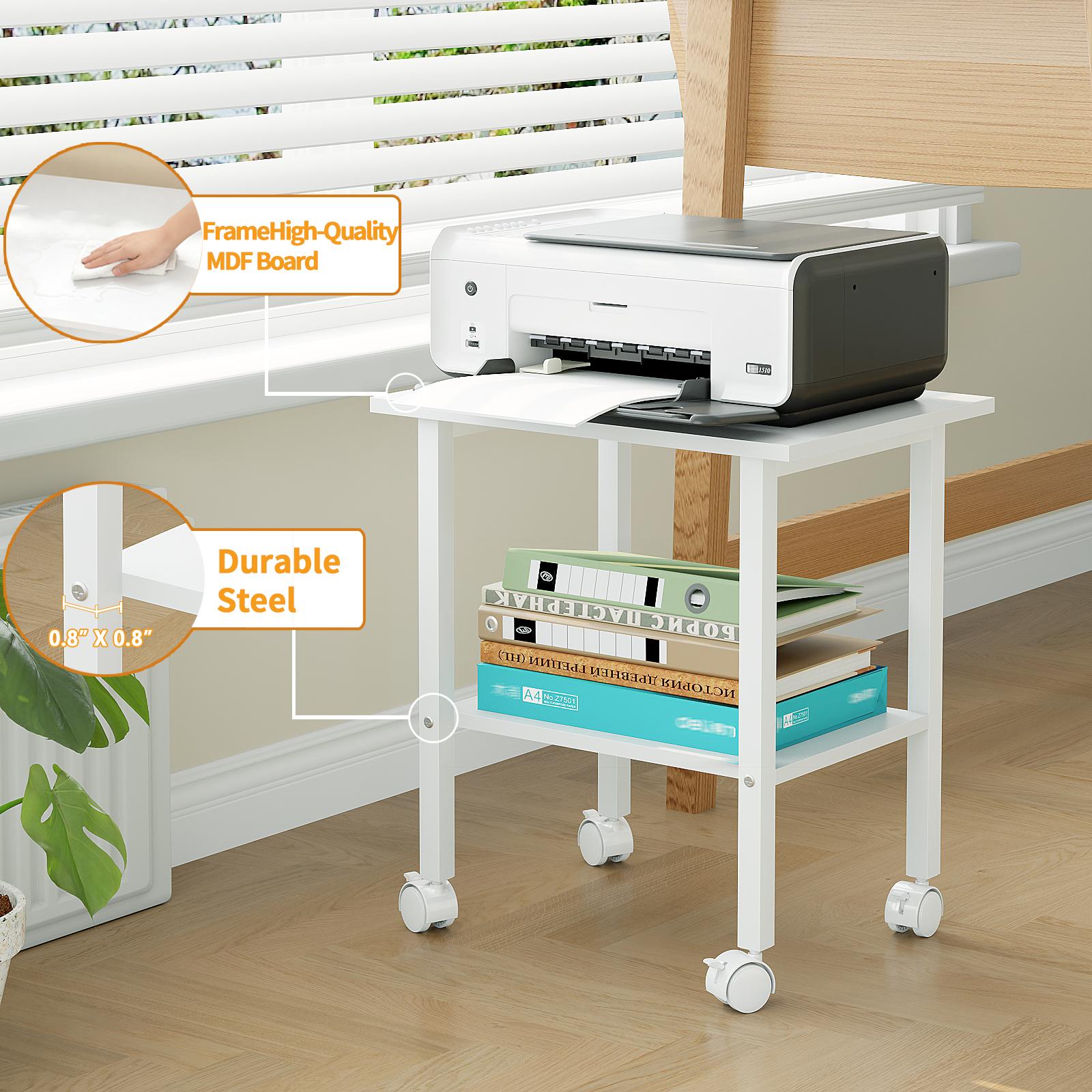 Under Desk Printer Stand, 2-Tier Industrial Mobile Printer Table with Storage Shelf and Steel Frame, Rolling Printer Cart Holder with Lockable Wheels for Home, Office