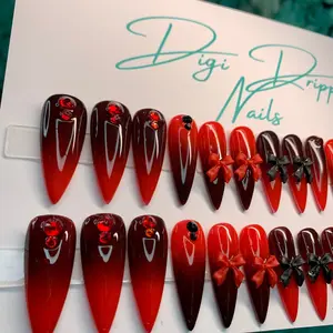 Digi Dripp Nails Gothic Glam Bows Gel Press On Nail Set with Red & Black Bows and Rhinestones