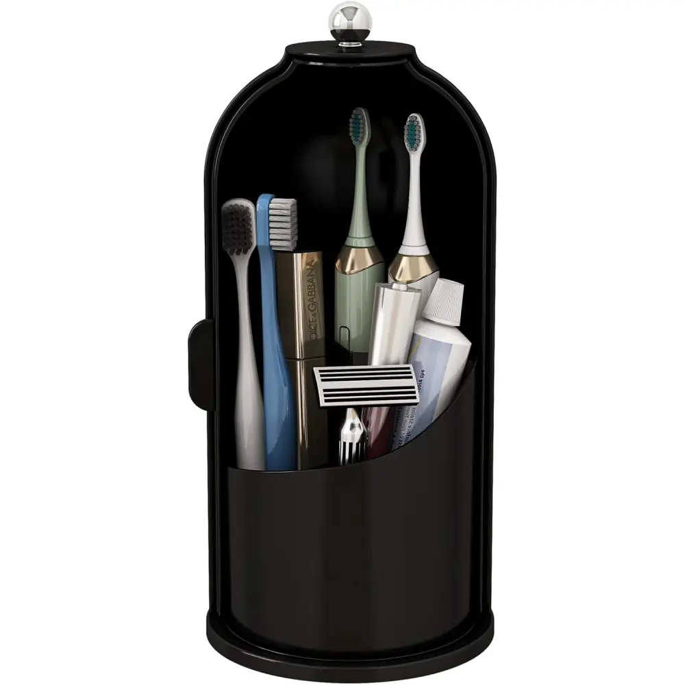 Matte Black Dome Dust Cover Rotating Toothbrush Holder, Multi-Grid Bathroom Vanity Organizer for Electric Toothbrushes, Toothpaste & Razors, Waterproof Dustproof Countertop Toiletry Storage Caddy