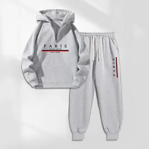 Men's Paris Letter Print Zipper-Collar Hoodie & Drawstring Sweatpants Set, Menswear, Casual Athletic Long Sleeve Hooded Jacket & Trousers for Fall & Winter, Men's Clothing for Daily Wear, Sportswear for Indoor & Outdoor, Tracksuit, Athleisure