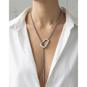 Women's Vintage Boho Statement Y-Necklace, Heavyweight Silver Plated Copper Chain with Adjustable Lariat Pendant, Elegant Jewelry for Daily & Formal Wear, Perfect holiday Gifts