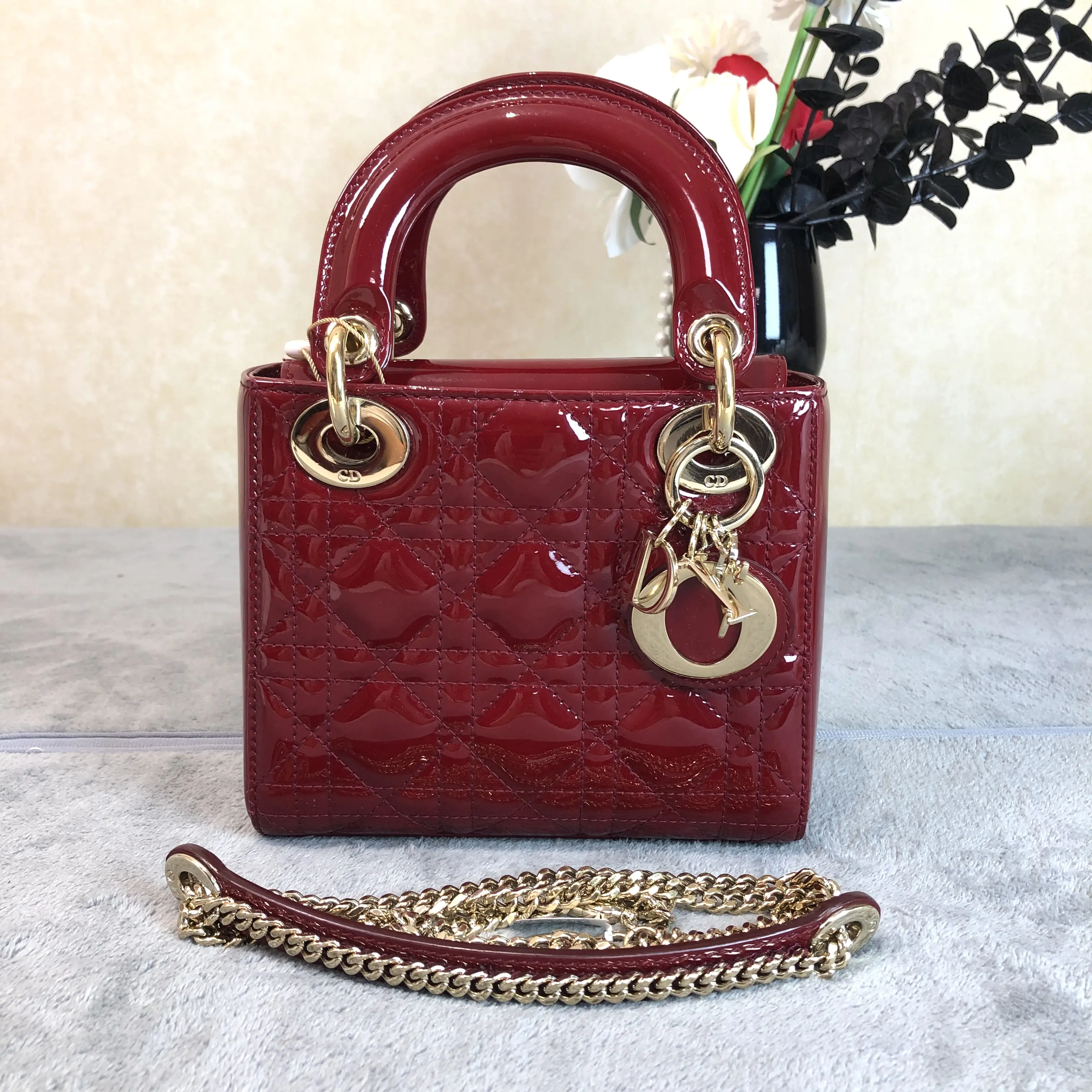 Pre-owned Dior leather Crossbody bags Mini Lady Burgundy Patent Cannage Gold Hardware Handbag 355748