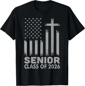 100% Cotton Tee Senior Class of 2026 USA Flag Christian Graduation 2026 T-Shirt Men's Patriotic Flag Heart T-Shirt T-Shirt with Look