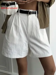 Women's Solid Color Pleated Pocket Casual Everyday Shorts, Comfortable and Versatile, Perfect for Daily Wear, No Belt Included