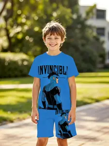 Boys' 3D Invincible Hero Short Sleeve Set, Casual Summer, Summer Clothing Set, Perfect for Daily Wear, Festive Gifts, Birthday Presents