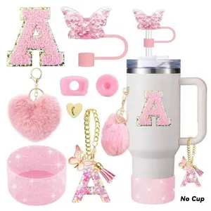 No Cup,Stanley Cup Accessories Set (9pcs fits 30/40 Oz), Aesthetic Keychain, Butterfly Straw Lid, Glitter Boots, College Style Gift