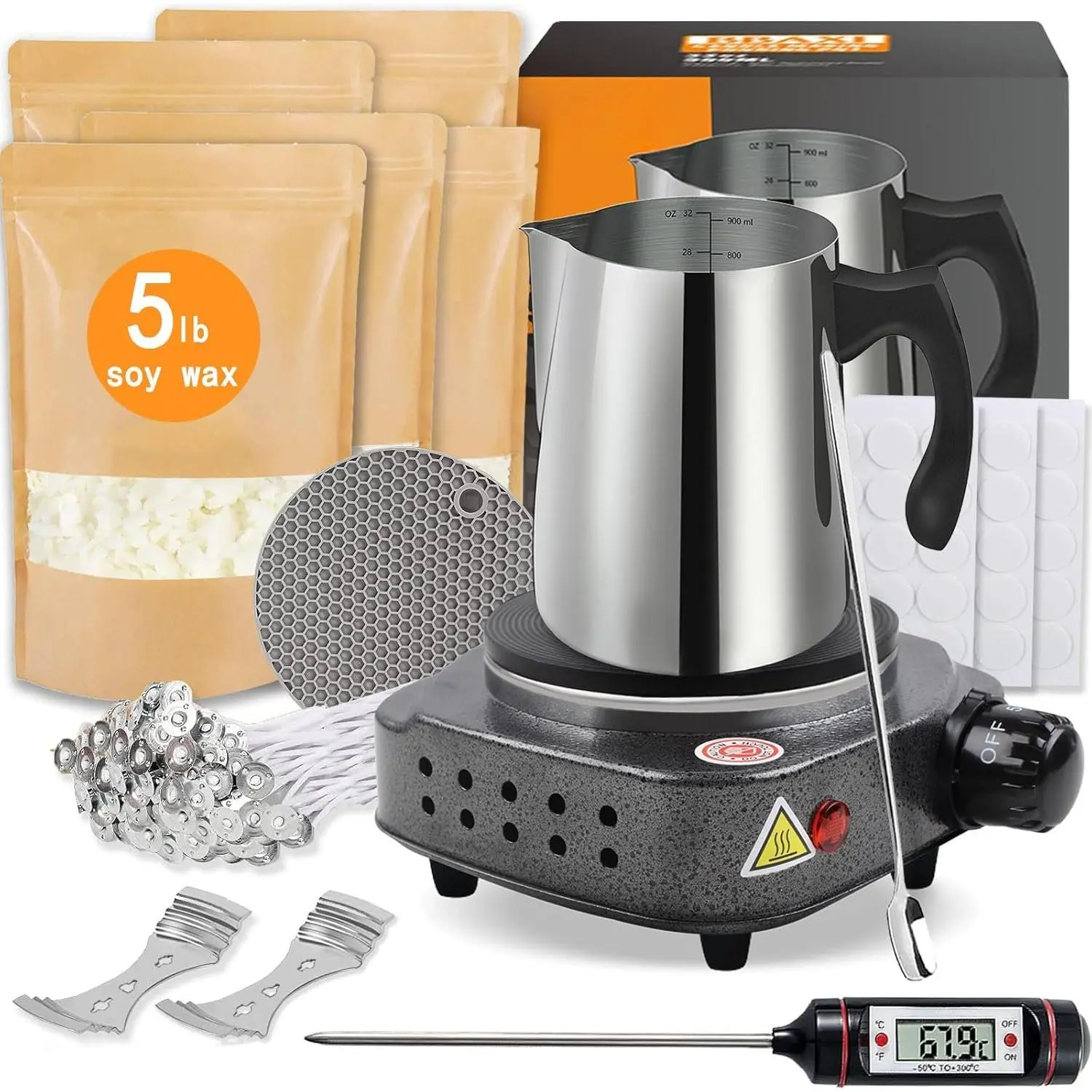 Candle Making Kit with Hot Plate for Adults,Candle Wax Melter for Melting,Including Pouring Pot, Hot Plate,5lb Soy Wax,Stain Spoon, Wicks,Center Devices,Wick,Thermometer.