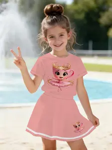 Summer Girls' Trendy Cartoon 3D Print Short Sleeve Round Neck Top + Skirt Set, Cute Face Cup Print, Casual 2 Piece Cute Clothing Set