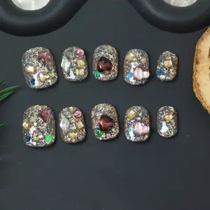 10 Pcs Of Handmade Press On Nails, Short Square Black Glitter Nails, Y2K Style Sparkly 3D Multi-color Rhinestone&Gem Nails,Acrylic,Reusable,Wholesale,Sweet And Edgy,Suitable For Daily Wear/Party/Concert/Festival/Date,Accessories Are Randomly Colored