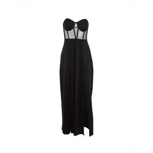 Elegant Off-Shoulder Black Maxi Dress for Women - Sheer Mesh Panel, Elastic Waist, Split Hem, Solid Color One-Piece Gown, Breathable Polyester, Machine Washable