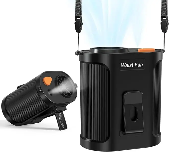 Portable Waist Fan with Mist, Waist Fan Clip on Wearable Belt, 14800RPM 5 Speeds Strong Airflow, 2 Mist Modes, 18Hrs Fast Cooling, Rechargeable 5-in-1