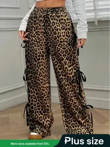 [Plus Size] Leopard Print Tie Side Pants, Casual Loose Comfy Baggy Pants for Daily Wear, Women's Bottoms for All Seasons, Oversized Womenswear, Plus Size Clothes Women, Casual Streetwear Pants, Casual Comfy Trousers, Bohemian Boho Trousers