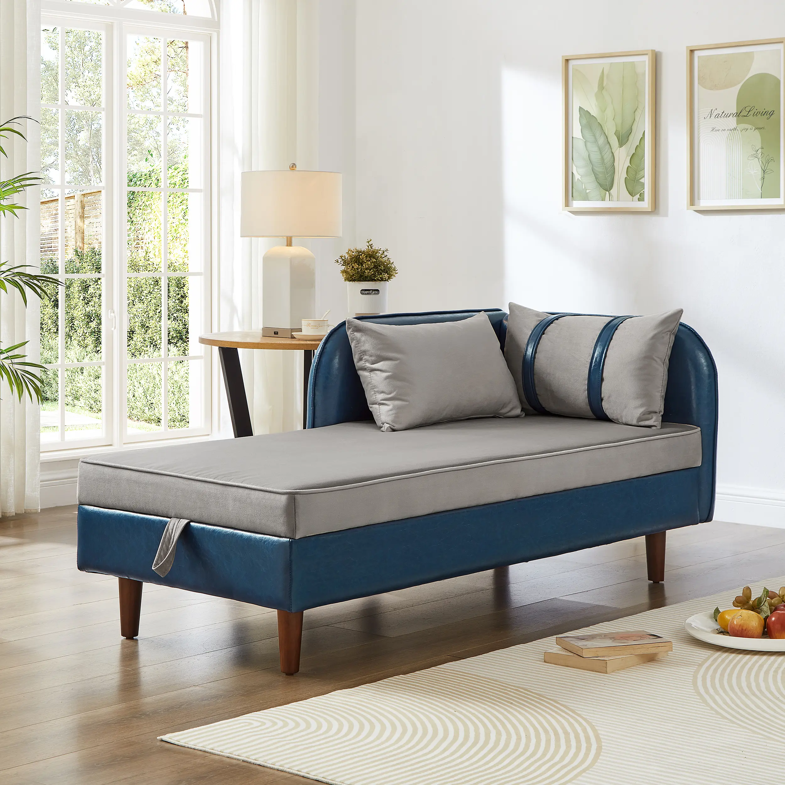 65" Storage Chaise Lounge Sofa with Navy Blue PU and Light Gray Velvet Upholstery, L-Shaped Sectional Couch with Hidden Storage Compartment, Living Room Furniture, Modern Design, 1-Piece, Living Room Furniture for Apartment, Lounge