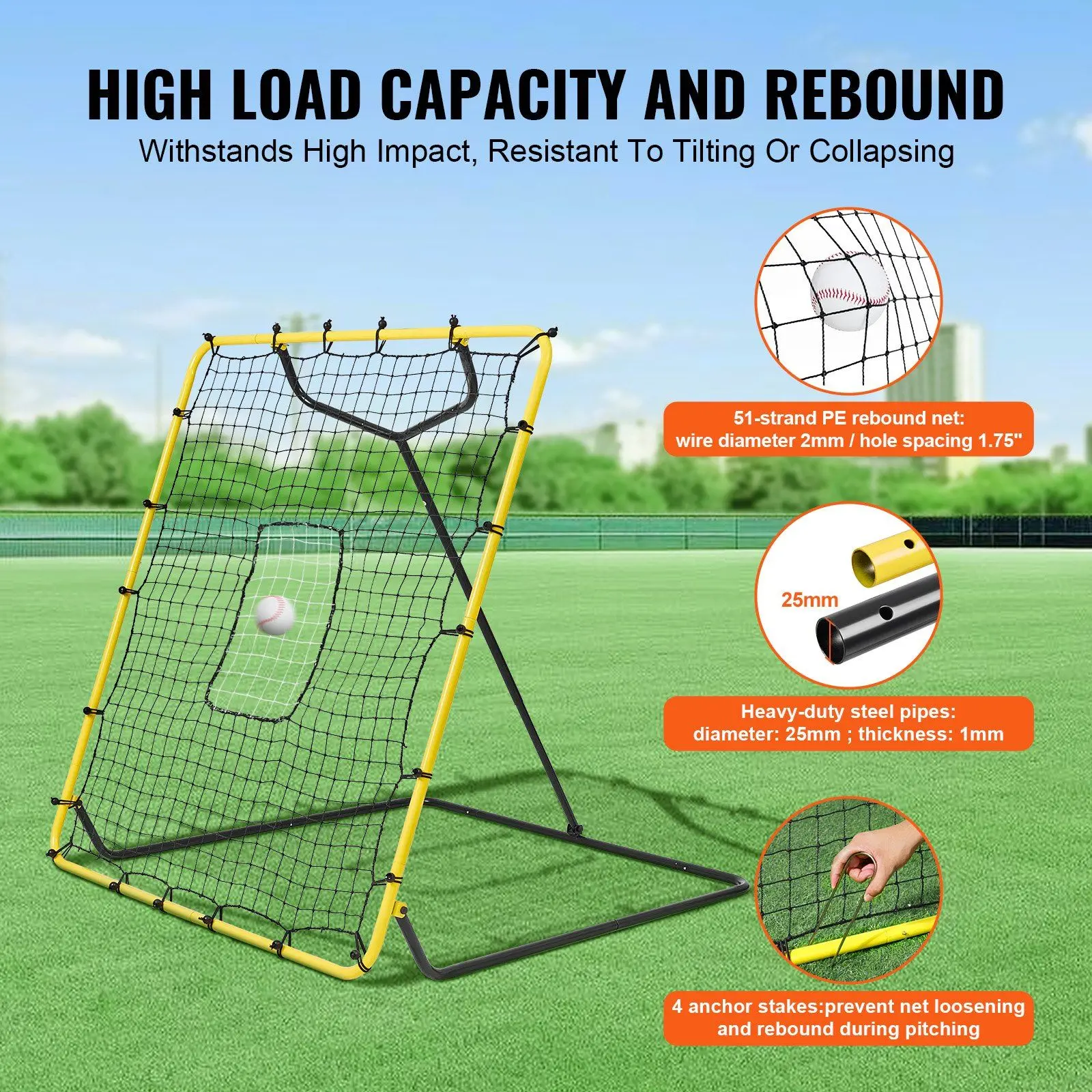 VEVOR 4x4.5 Ft Baseball & Softball PitchBack Rebounder Net, Adjustable Angles Training Equipment for Sports Practice