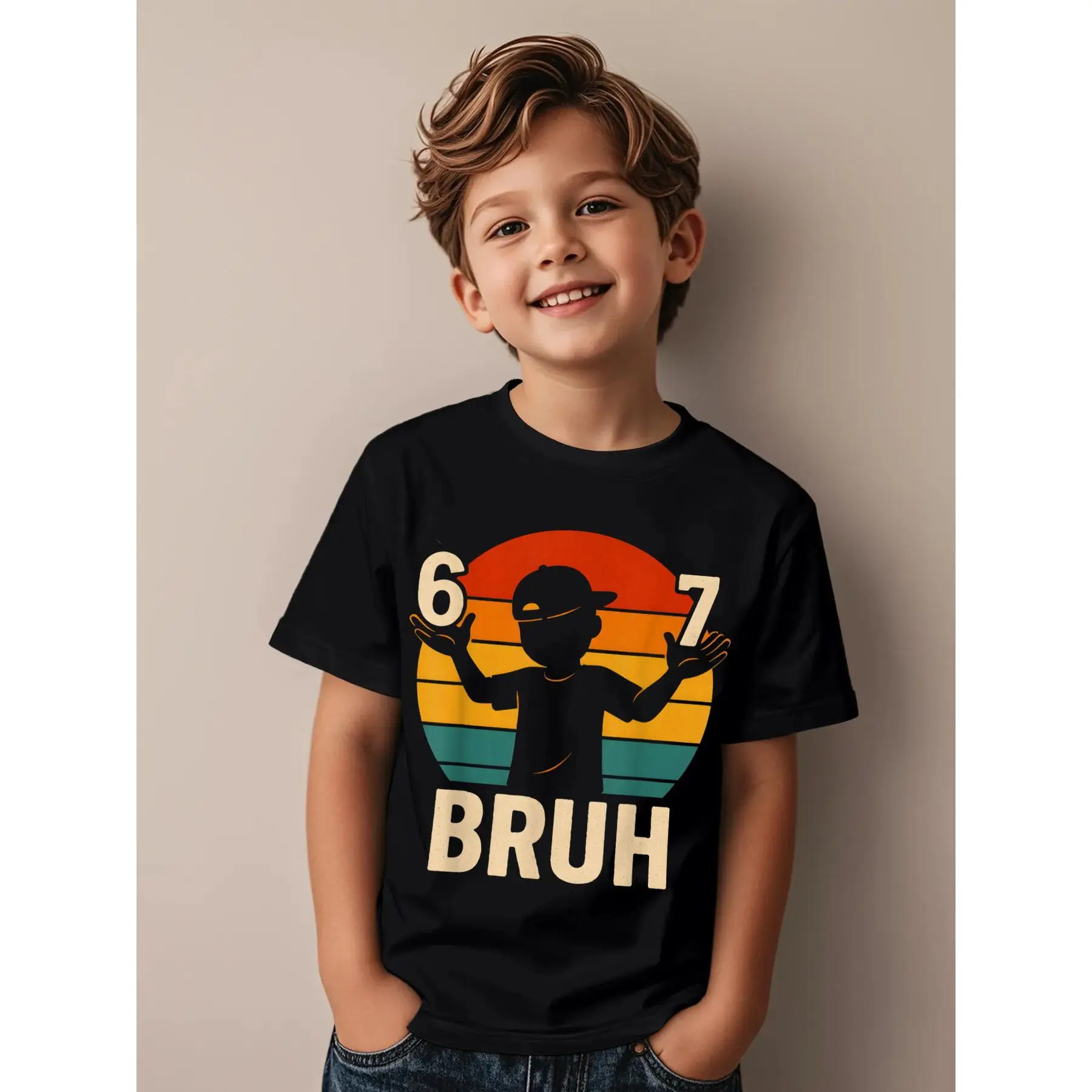 67 Bruh Retro Funny 6-7 Novelty Awesome Graphic Kid T-Shirt Casual Kid T Shirts Streetwear Tees Tops for Kid