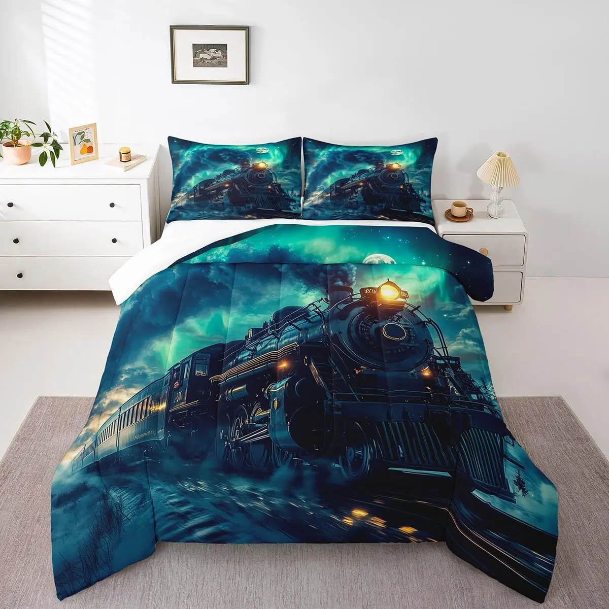 Feelyou Queen Size Kids' Vintage Railroad Track Train Print Down Comforter Set - Retro Locomotive Microfiber Bedding, U-Stitching, Breathable Soft Blanket, Machine Washable, Travel-Ready, Bedroom/RV Decor, Set Includes Pillows