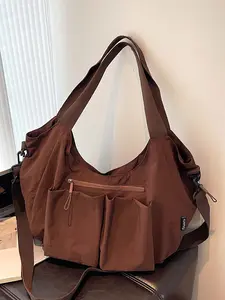 Simple and practical workwear style multi-pocket one-shoulder handbag messenger bag, casual and versatile lightweight travel one-shoulder large bag, retro  fashionable daily commuting one-shoulder handbag, Shoulder Commuter Bag