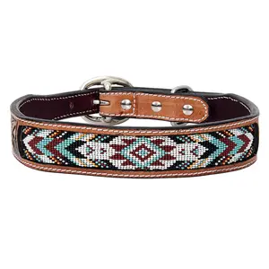 HILASON Western Style Beaded American Leather Pet Dog Collar