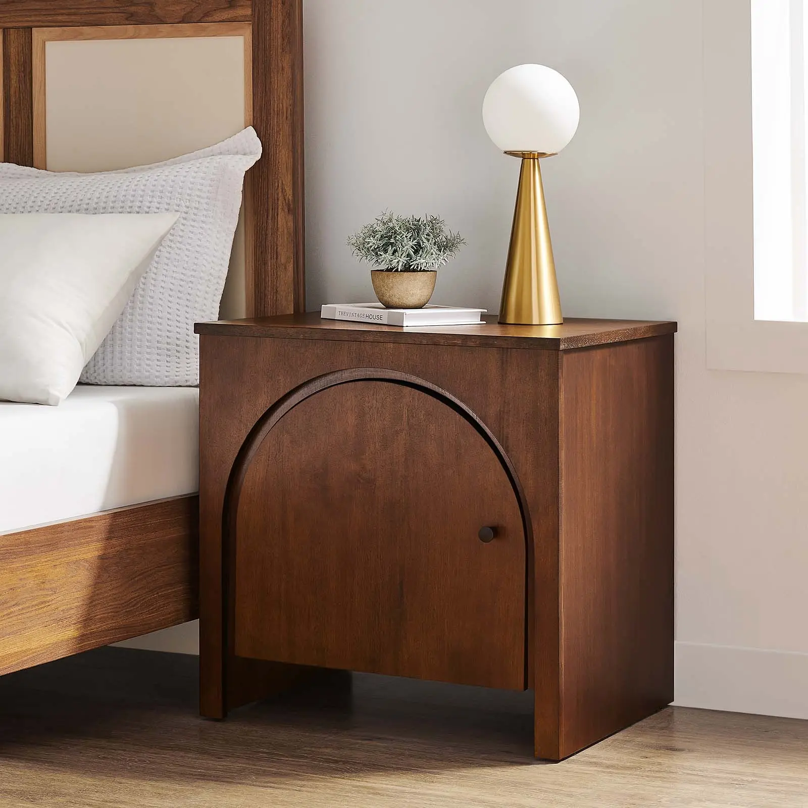 Modway Appia Arched Door Nightstand - Walnut Contemporary Luxury Indoor Furniture, Organic Warmth Bedroom Decor Accent Table with Storage for Lounge Area, Durable MDF Versatile Table
