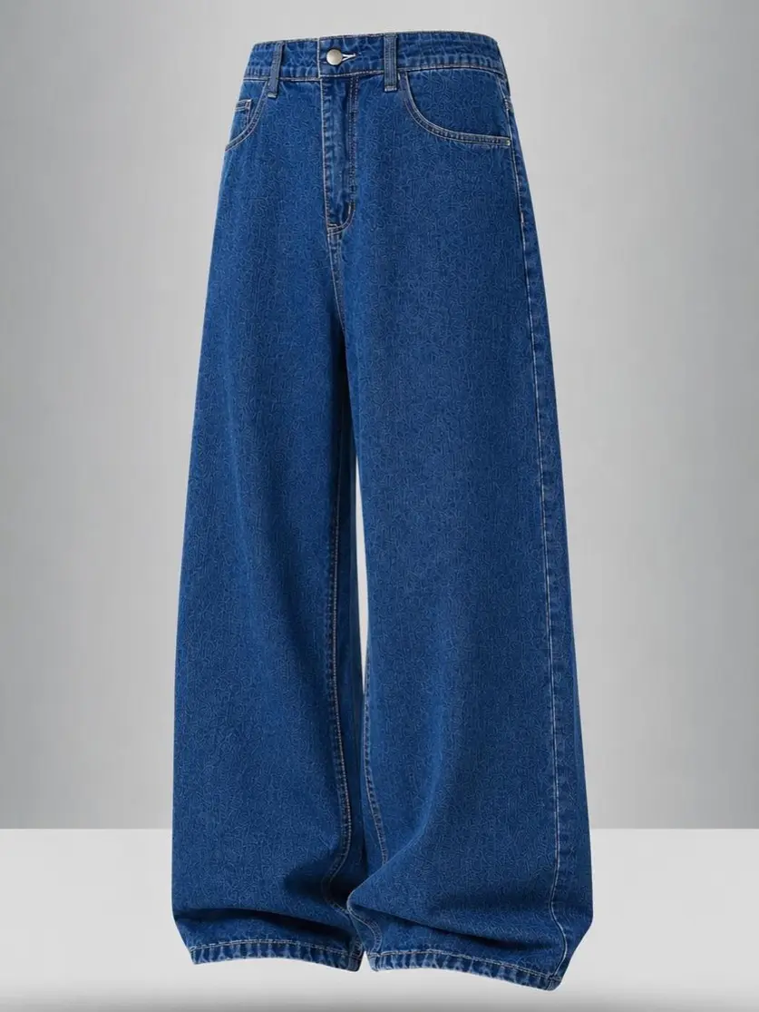 Men’s minimalist solid-color loose straight-leg stretch jeans; wide-leg long pants with slant pockets for skateboarding; washed light blue denim fabric; casual street style; suitable for urban commuting; Y2K workwear wide-leg pants; high-quality denim fab