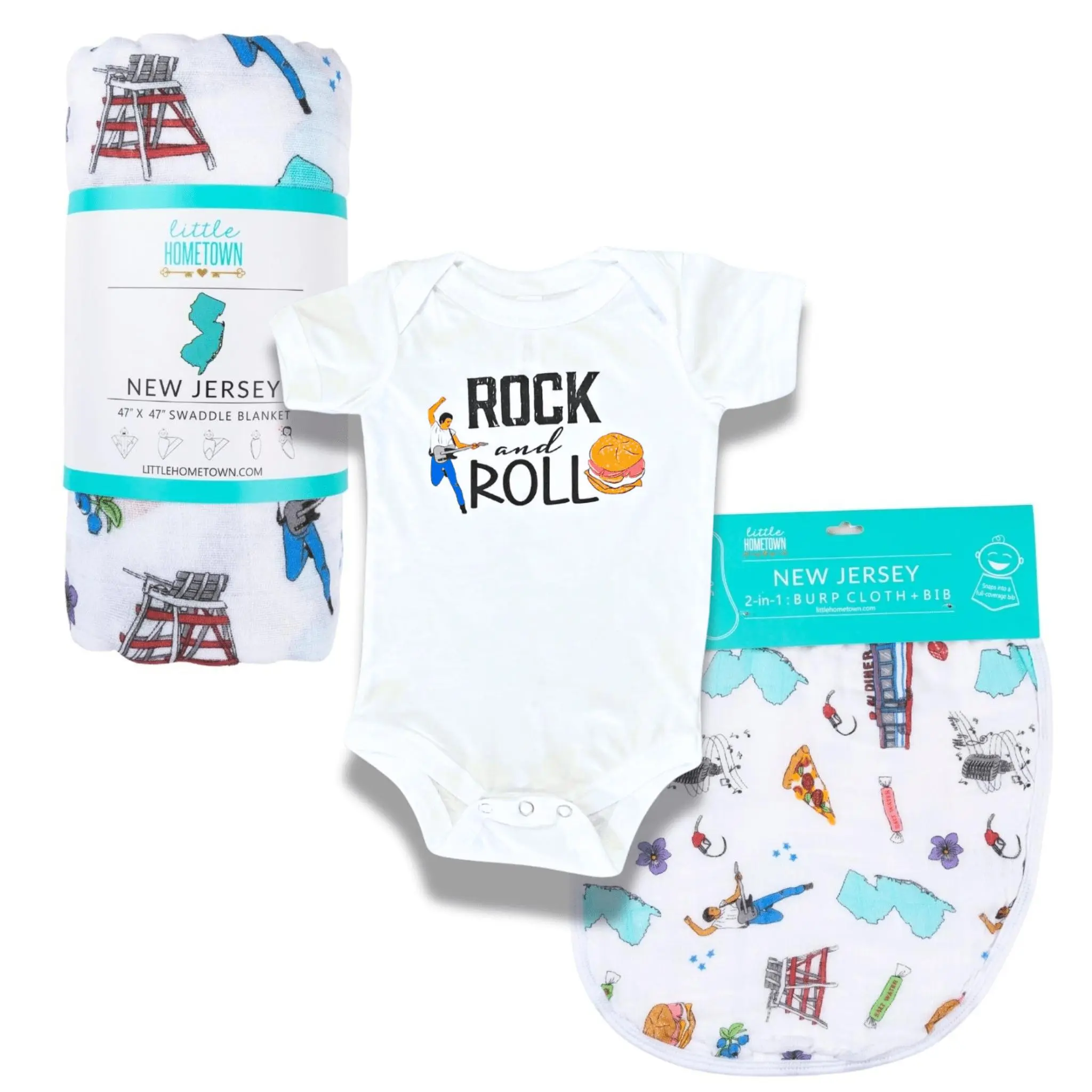 New Jersey (Rock and Roll) Gift Bundle Coming Home Outfit with Swaddle Newborn Gift Set Baby Clothing Onesie Hometown Favorites