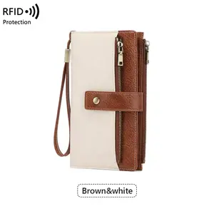 Women's Long Wallet RFID Blocking Leather Stylish Clutch With Wristlet Zipper Card Slots Slim Trifold Large Capacity For Daily Use Student Wallet Holiday Gift