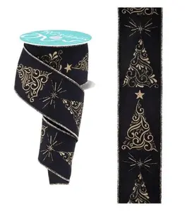 2.5" x 10yd Black & Gold Metallic Swirl Christmas Trees Ribbon