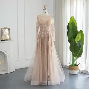 Blush Pink Long Sleeve Luxury Dubai Evening Dress for Wedding Party: Beaded Elegant Arabic Women's Formal Gowns