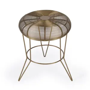 360 stand Antique Gold Iron Round End Table - 18x15x15 in, Distressed Look, 3 Legs, Rustic Vibe, 3-Legged Indoor Furniture, Three Legs