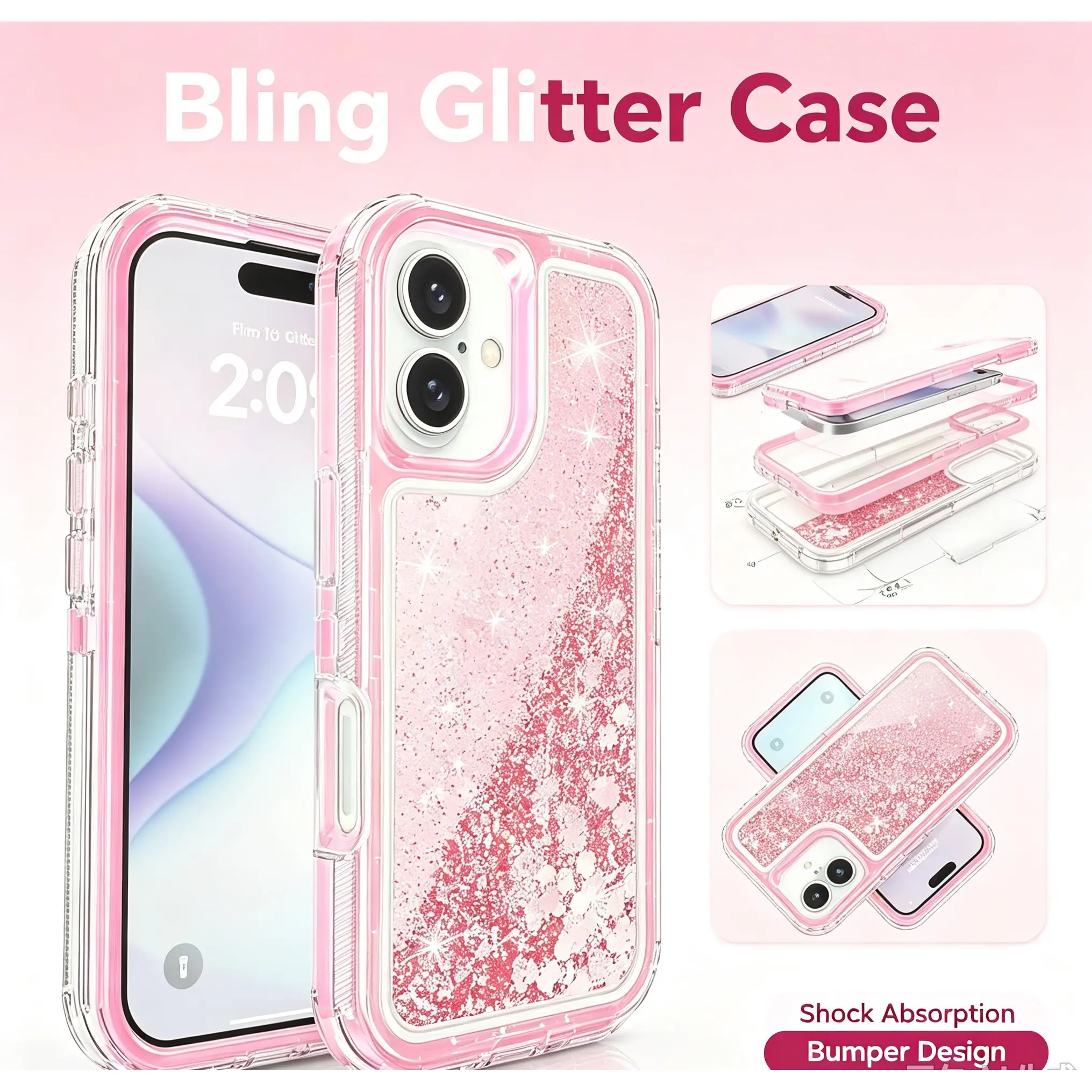 Shockproof Bumper Case, Detachable Sparkly Glitter Liquid Defender Cover for iPhone 18 Pro Max 17 16 15 14 13 12 11 wi Protection, Drop Proof Design, Easy Installation & Touchscreen Compatibility, Teen Girl Back-to-School Accessory