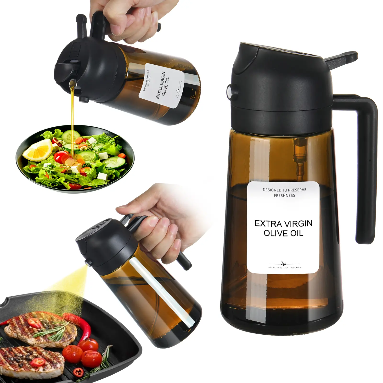 16oz Amber Light-Blocking Olive Oil Dispenser Bottle - Versatile Sprayer & Pourer for Cooking, Air Fryer, Baking, Salad, and BBQ