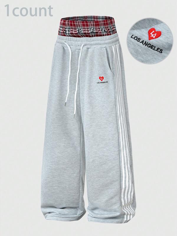 Cozy Gray Wide-Leg Sweatpants w/ Plaid Waist & LA Heart Embroidery 💕 | Trendy Streetwear Vibes | Comfy Baggy Fit + Side Stripes | Perfect for Casual OOTDs #SweatpantsInspo #TikTokFashion #CozyFit #LAstyle