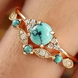 Set of 2 fashionable gold plated turquoise rings for women as wedding rings, engagement rings for daily wear