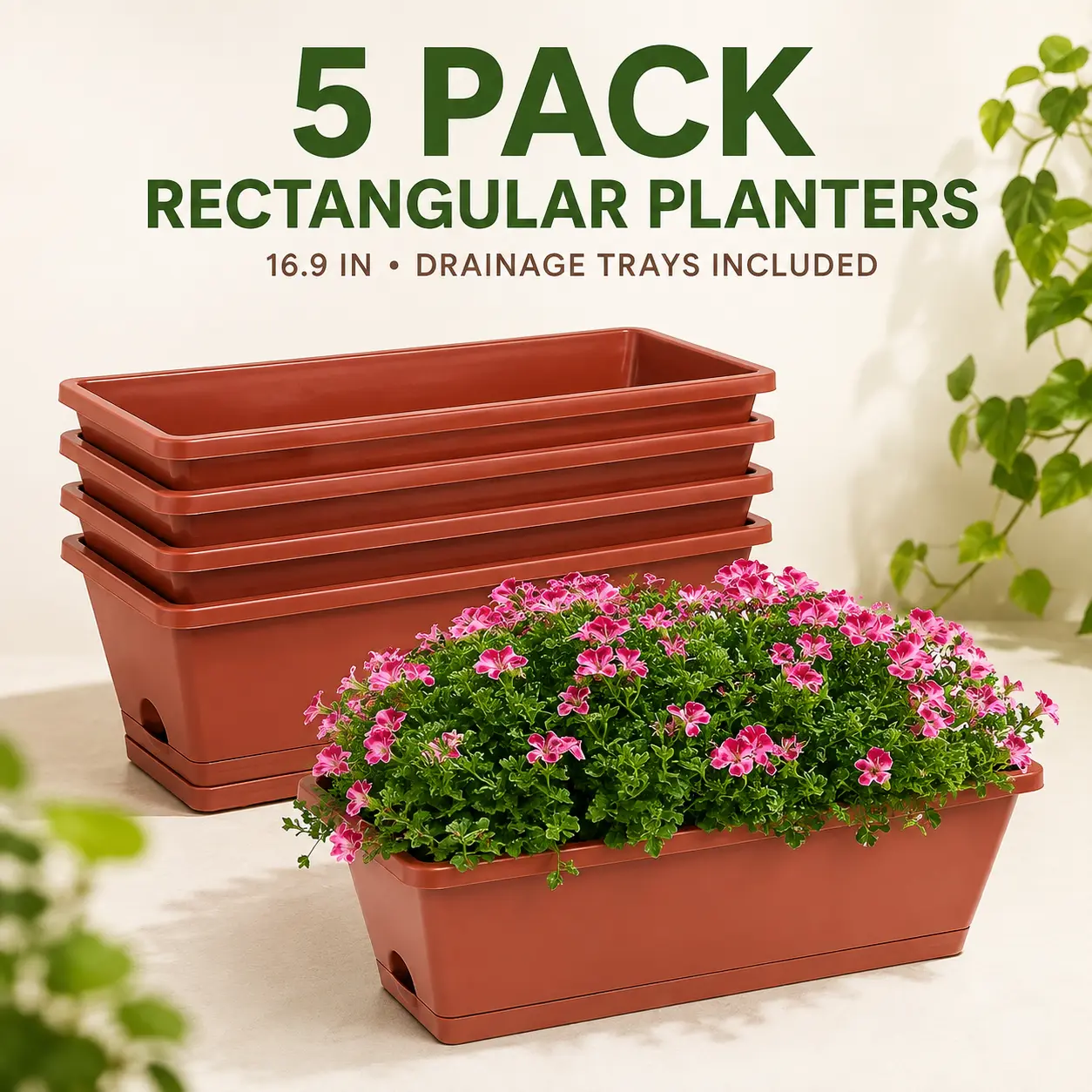 5 Pack 16.9 Inch Rectangular Window Box Planters with Drainage Trays, Terracotta Plastic Flower Pots for Herbs, Vegetables and Flowers, Indoor Outdoor Balcony and Patio Garden