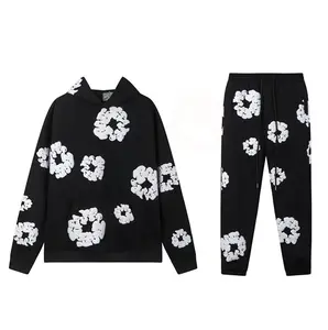 Hooded Tracksuit Set Unisex 2-Piece Athletic Wear Long Sleeve Hoodie Y2K Trendy Versatile Pullover Puffy Print Kapok Loose Jeans Distressed Denim Hoodie Women's Clothing Denim Tears Winter Women's Outfit Trouser Pants Gamis