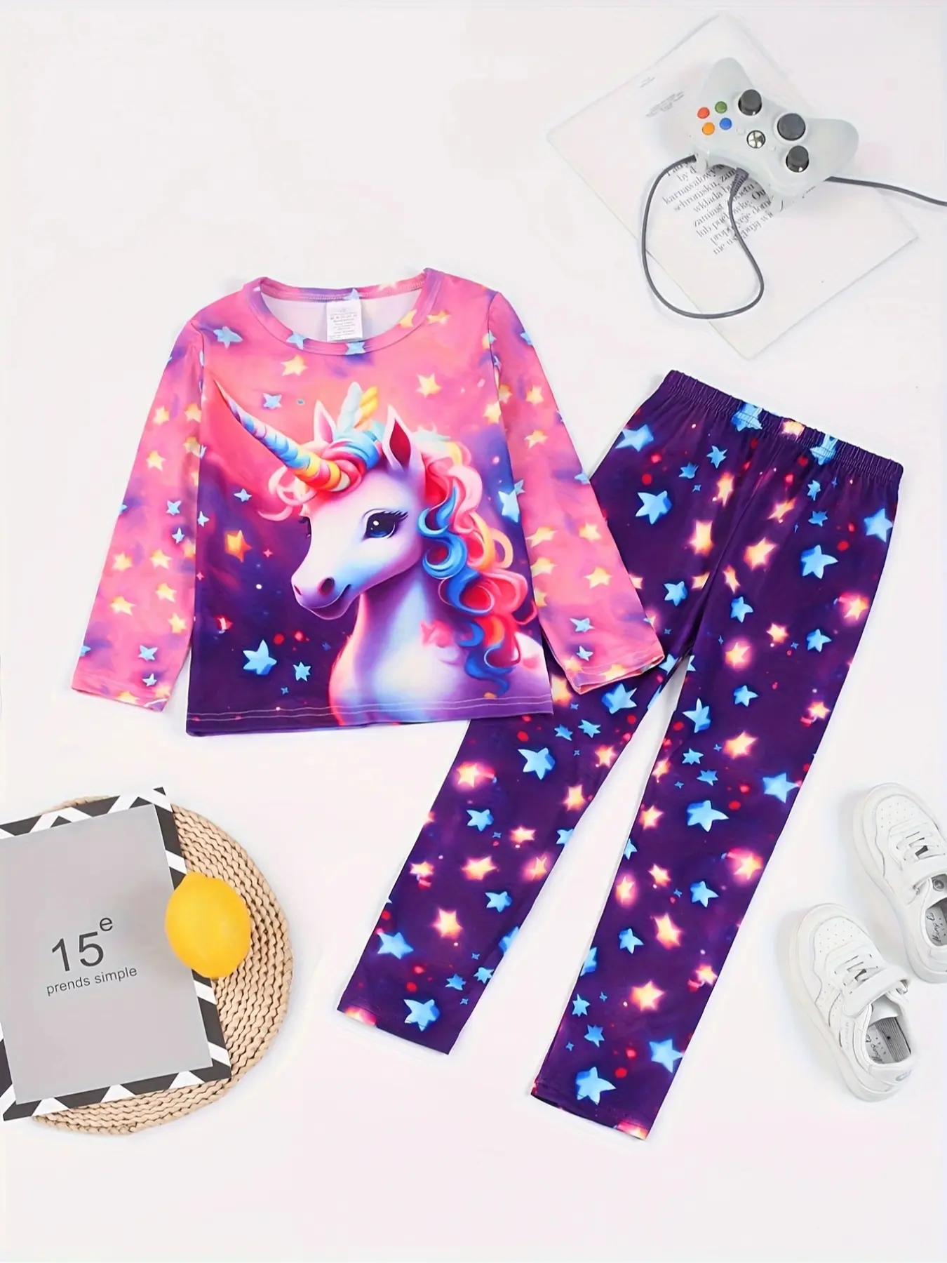 Round Neck Long Sleeve Knitted Pajama Set, Nightwear, Loungewear, Pjs, Unicorn Print, Soft Comfortable Home Wear, 2-Piece, All Seasons