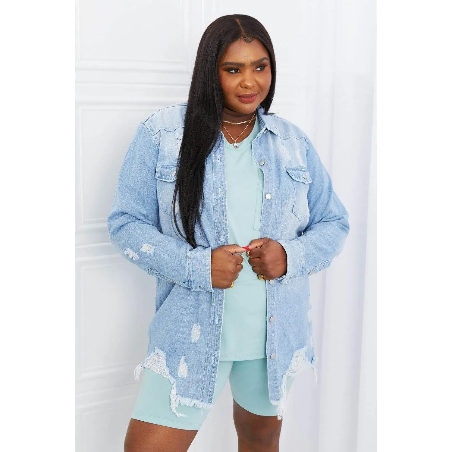American Bazi Full Size Distressed Raw Hem Denim Jacket