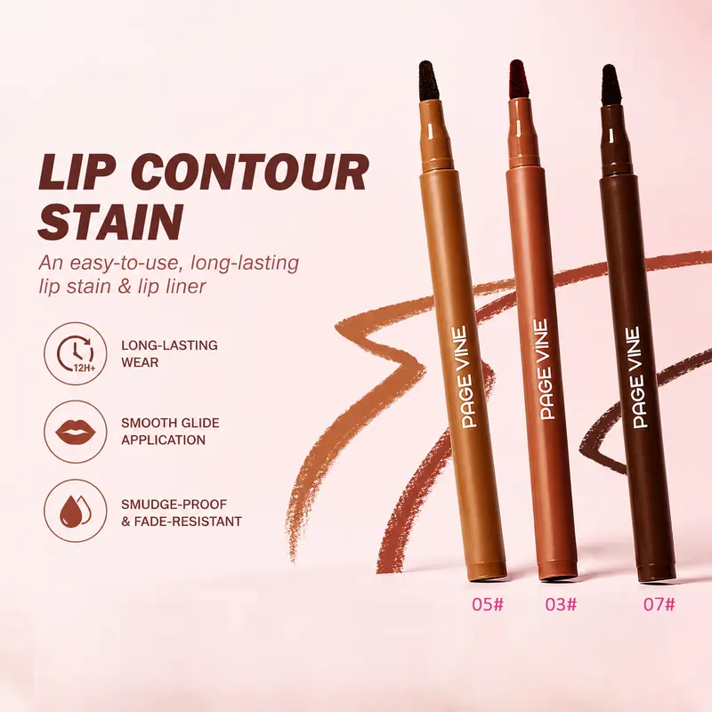 2-in-1 Velvet Lip Contour Stain Pen Stick - 1ml Long-Lasting Liner, Waterproof, Smudge-Proof, Non-Toxic Makeup for Defined Lips, Available in 03#Toasty Brown, 07#Rich Brown, Beauty Cosmetic