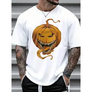 Men's Halloween Themed Pumpkin Print Round Neck Tee, Regular Fit Casual Short Sleeve Crew Neck T-shirt for Summer, Fashion Men's Top for Daily Wear