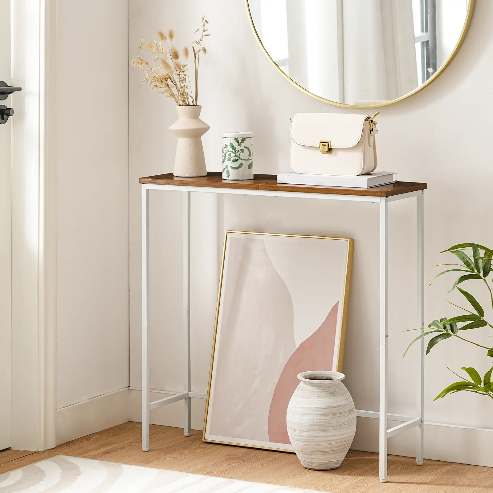 HOOBRO White and Walnut Narrow Console Table, 29.5" Small Entryway Table, Thin Sofa Table, Side Table, Display Table, for Hallway, Bedroom, Living Room, Foyer Apartment Storage #SummerVibes