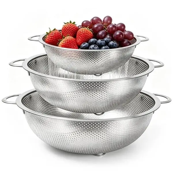 3-Pack Stainless Steel Micro-Perforated Colander Set, Specialty Hand Tool Sieves for Kitchen Pasta, Fruit Draining