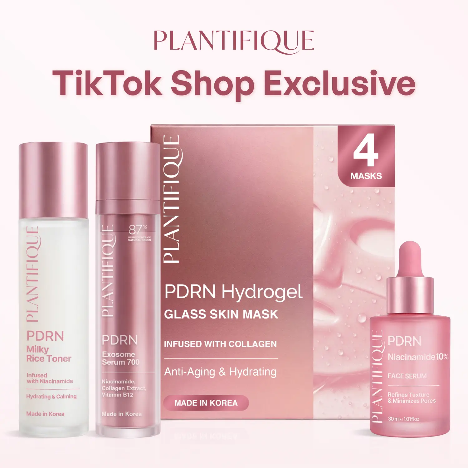 [PLANTIFIQUE Official Shop] NEW – Korean Glass Skin Kit – Hydrogel Mask, PDRN Exosome Serum 700, Rice Milky Toner & Niacinamide Serum Set