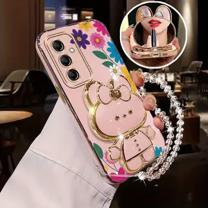 A16 Flower Pattern and Rabbit Stand PC Pearl Strap Lanyard Phone Holder Case with Impact Resistant Protective Cover Compatible with For Samsung Galaxy A16 Protection