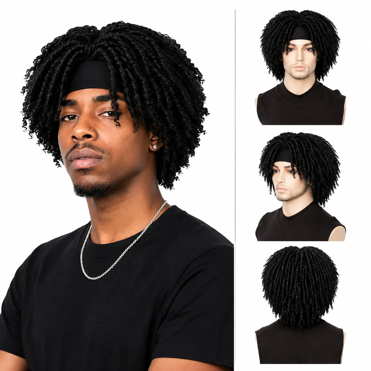 Men’s Synthetic Hair Dreadlock Wig with 6-in Sports Headband, Braided Twists, Twist Curls, Natural Look, Breathable Adjustable Strap, Snug Fit for Hip Hop Rasta Wear, Convenient Wigs