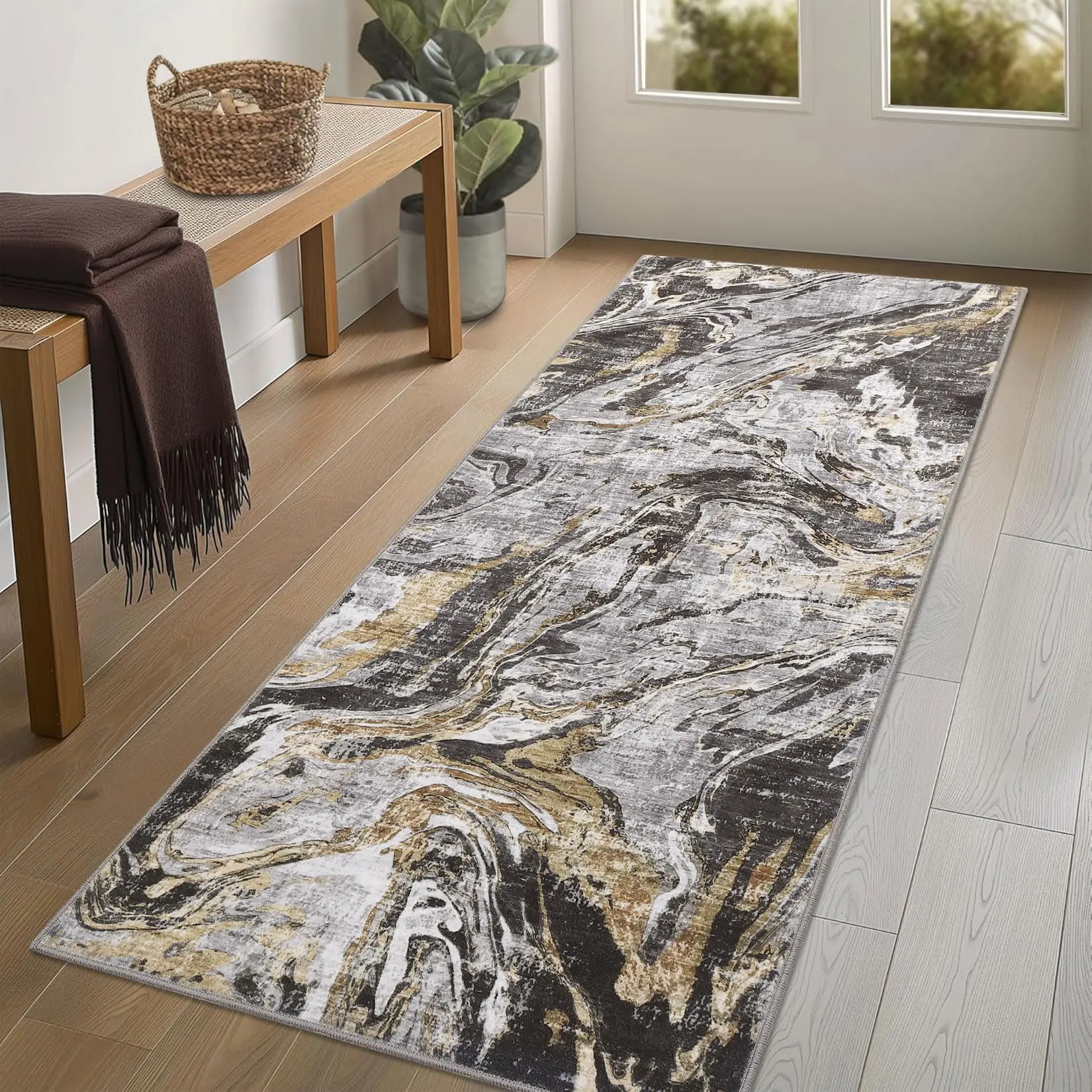 Garvee 2x6 Machine Washable Runner Rug - Non-Slip, Modern Abstract Design, Low Pile, Foldable Area Rug, Soft and Durable for Entryway, Bathroom, Laundry Room in Gray