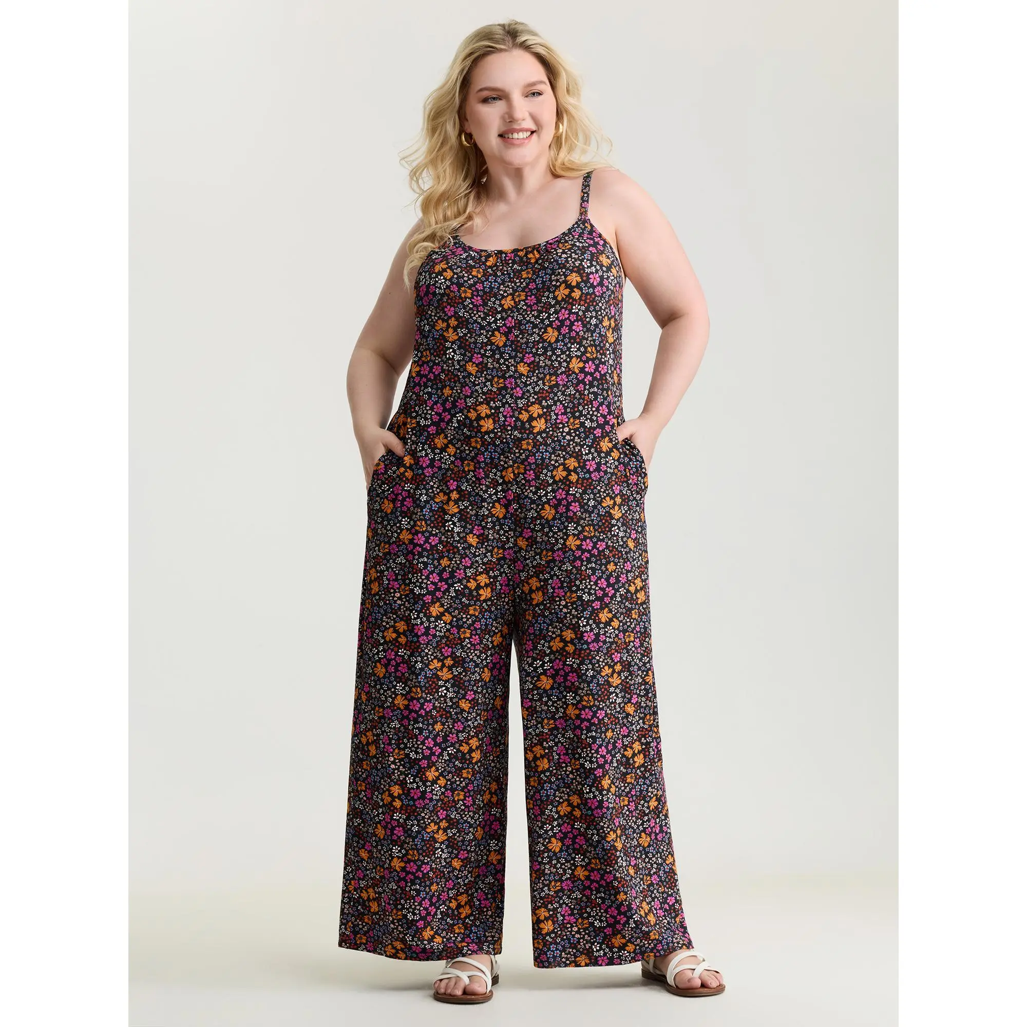 BLOOMCHIC Women's Plus Size Supersoft Vibrant Floral Print Fitted Spandex Overalls - Round Neck, Sleeved Bohemian Garment with Pockets, Elastane Fabric, Low Iron, Sizes [M-6X], Summer Womenswear, Boho Shabby Chic Overalls, Boho Floral Pattern Overalls