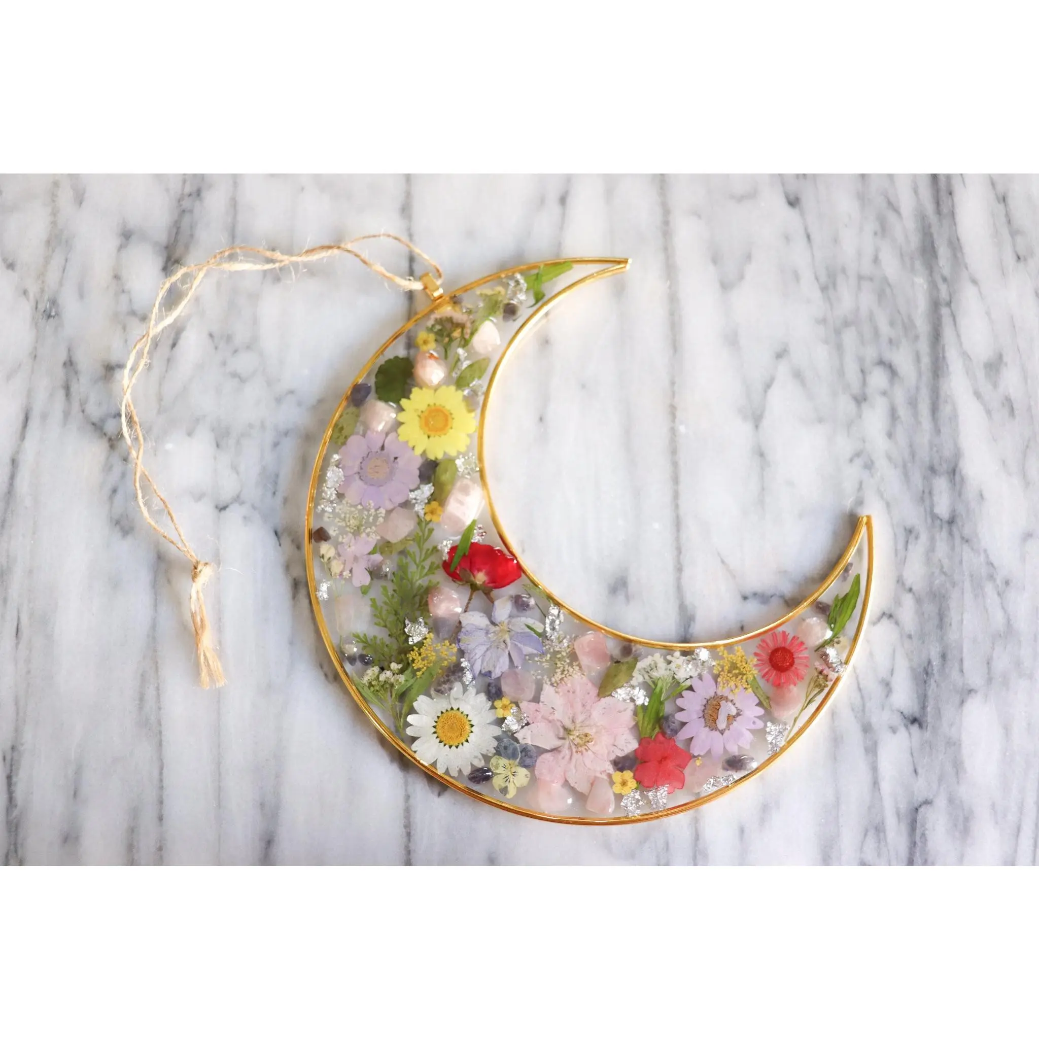 Blushing Moon - Resin, Crystal and Flower Crescent Moon Wall Hanging