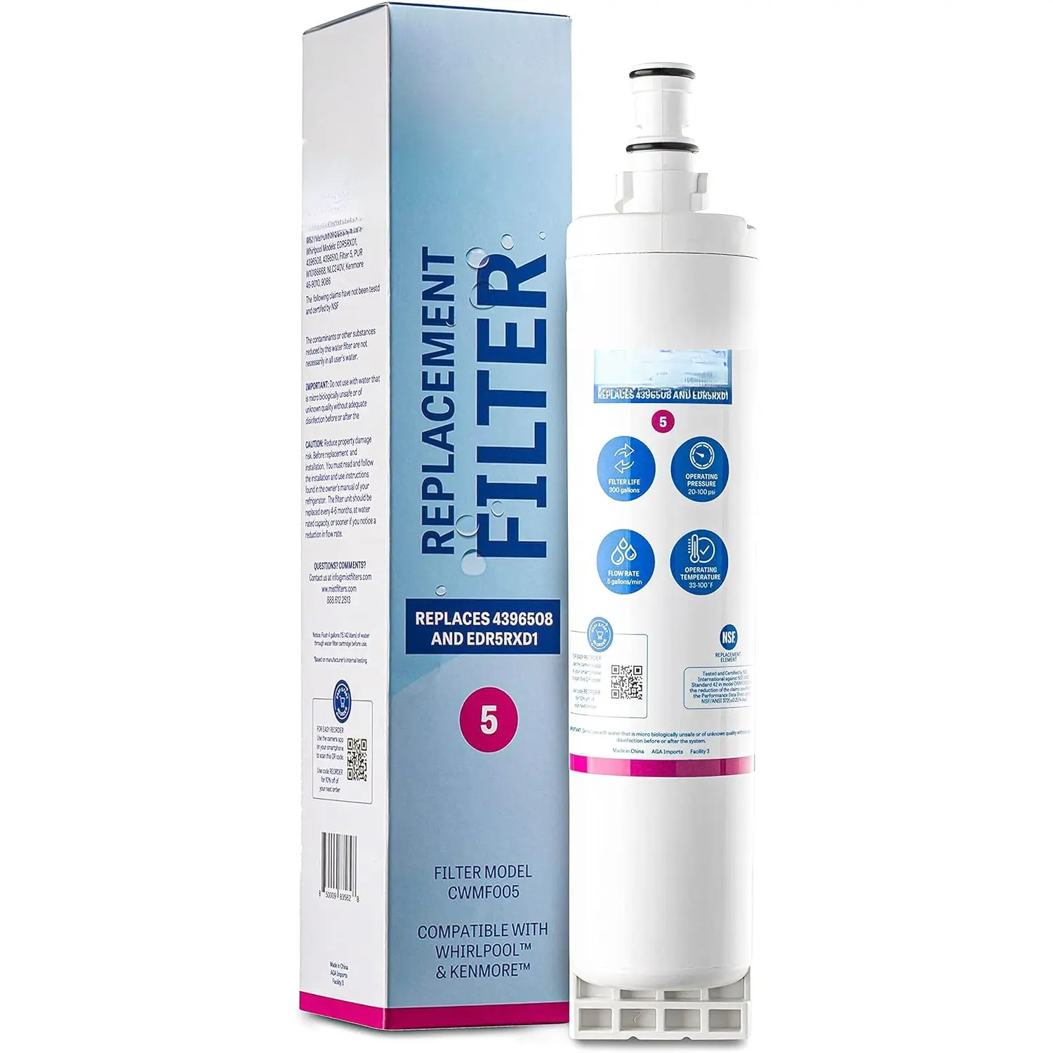 EDR5RXD1 Refrigerator Water Filter Replacement for EveryDrop Filter 5, Whirlpool 4396508, 4396510, WF-NL240, Kenmore 46-9010 - NSF 42 Certified - 1 Pack
