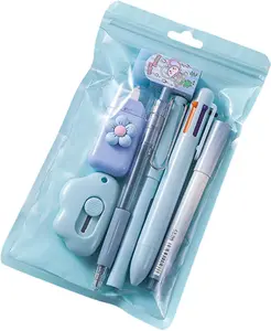 TikTok Favorite 7-Piece Kawaii Stationery Set – Includes Ballpoint Pens, Pencil, Highlighter, Correction Tape, Ruler & Utility Knife, Trendy Back-to-School Supplies for School & Office (Blue, Pink, Purple) Refills
